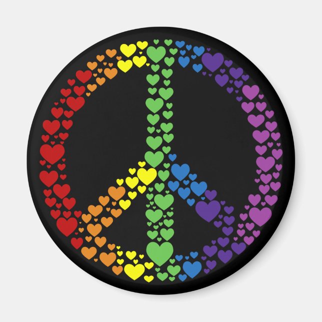 Imán de signos de paz en los corazones arcoiris (Frente)