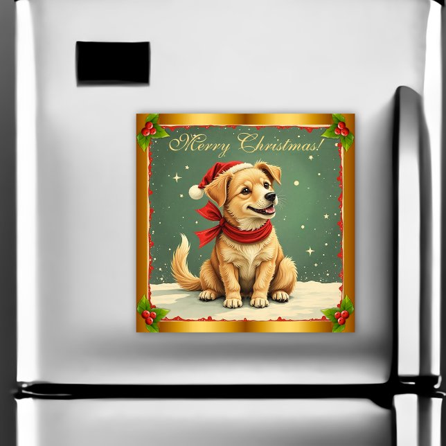 Imán de Tarjeta de Navidad con Cachorro de Retriev (Retro Golden Retriever Puppy Christmas Card Magnet by the Olde Christmas Shoppe)