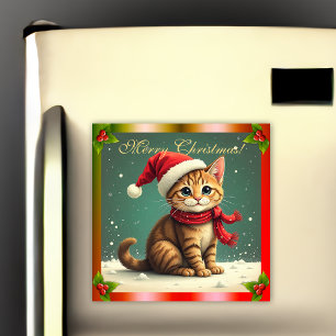 Imán de Tarjeta de Navidad de Gatito Tabby Vintage