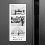 Imán de tira de fotos en blanco y negro boda<br><div class="desc">Favoritos de imán de boda personalizados diseñados como una franja de cabina de fotos y personalizados con 3 fotos de la pareja. Diseño en blanco y negro (para cambiarlo,  haga clic en el botón para editar el diseño) con nombres personalizados y la fecha de boda.</div>