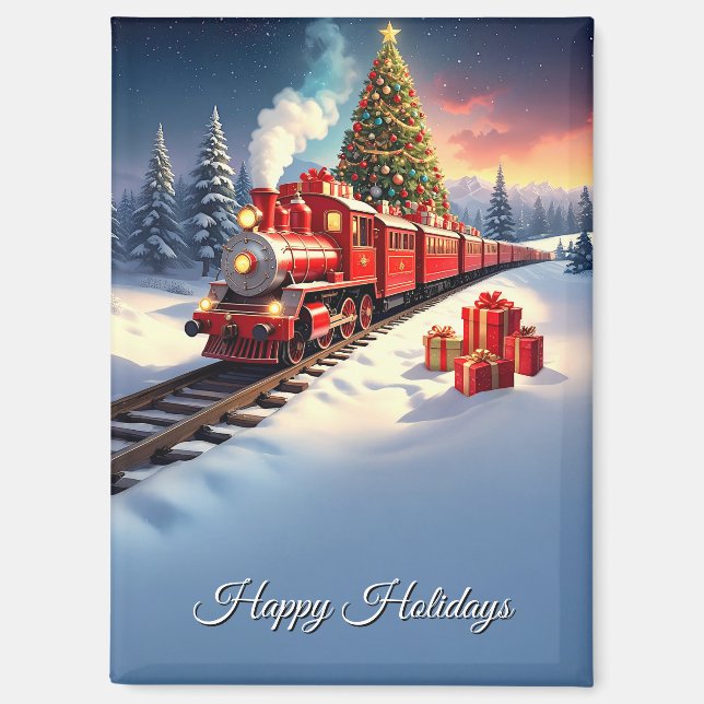 Imán de vacaciones de árbol de Navidad de tren roj (Anverso)