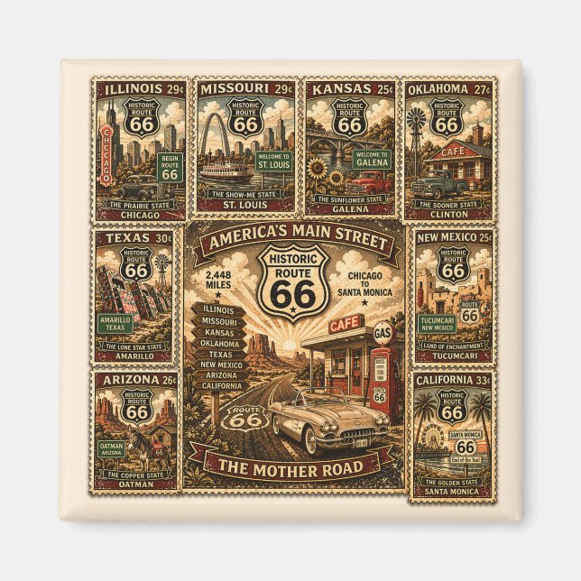 Imán de viaje vintage de la ruta 66 (Frente)