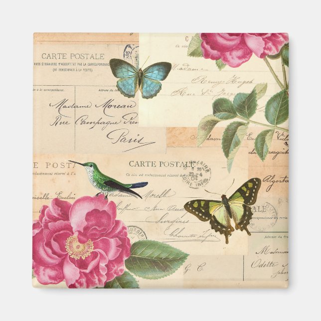 Imán de vintage con rosas y mariposas (Frente)