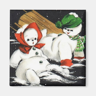 Imán de Vintage para Niños de Nieve con Sledding