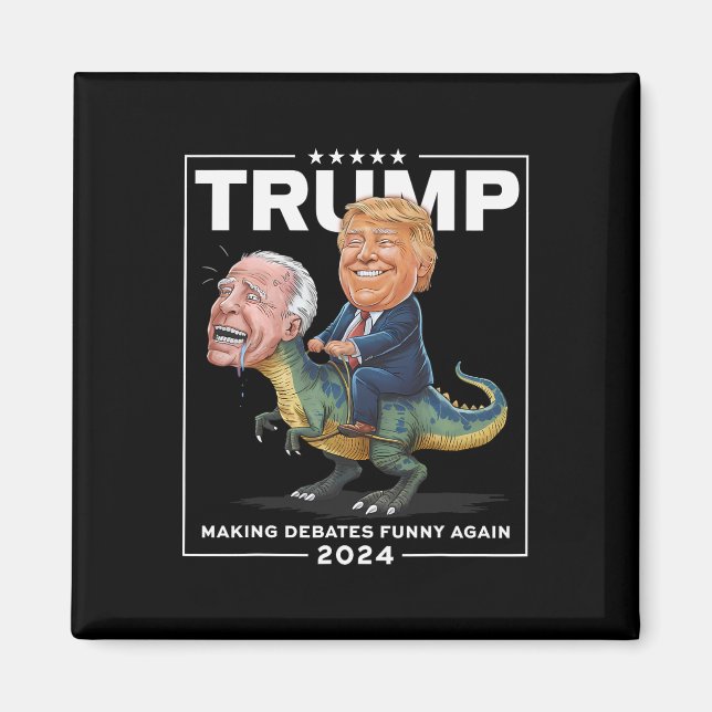 Imán Debates 2024 de Trump montando dinosaurio (Frente)