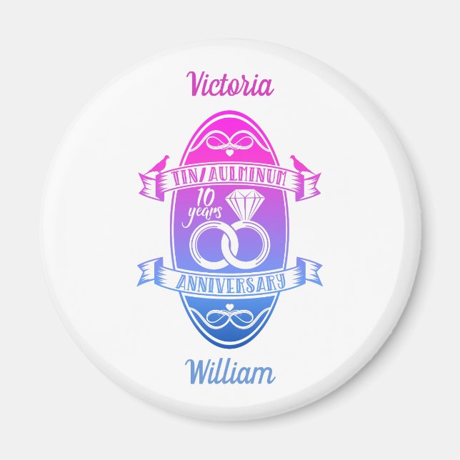 Imán Décimo aniversario boda TIN ALUMINIO (Frente)