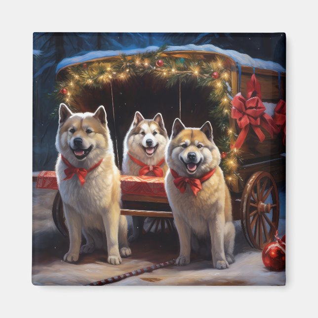 Imán Decoración de los Navidades de Akita Snowy Sleigh  (Frente)