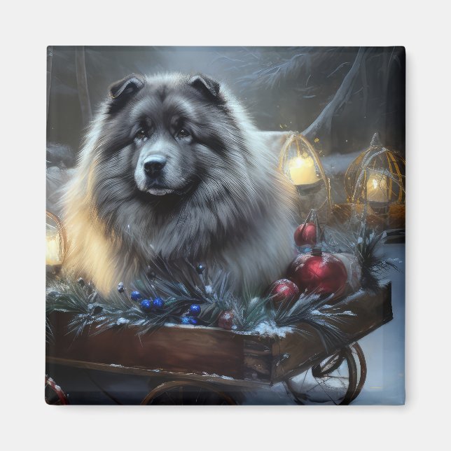 Imán Decoración de los Navidades Keeshond Snowy Sleigh (Frente)