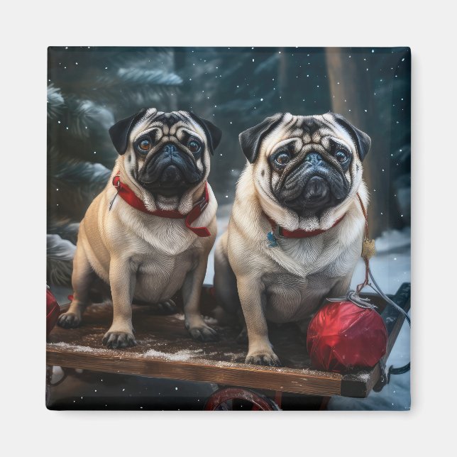 Imán Decoración de los Navidades Pug Snowy Sleigh (Frente)