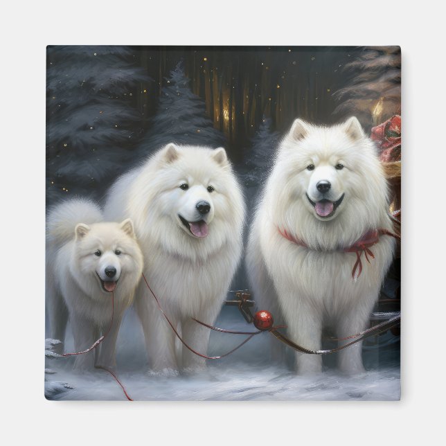Imán Decoración de los Navidades Samoyed Snowy Sleigh (Frente)