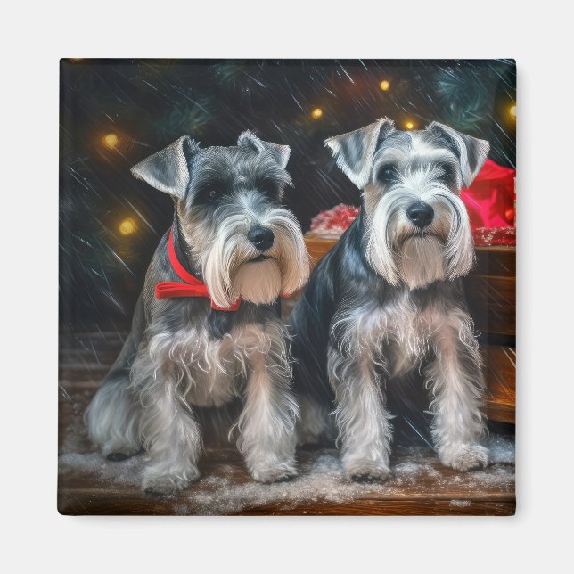 Imán Decoración de los Navidades Schnauzer Snowy Sleigh (Frente)
