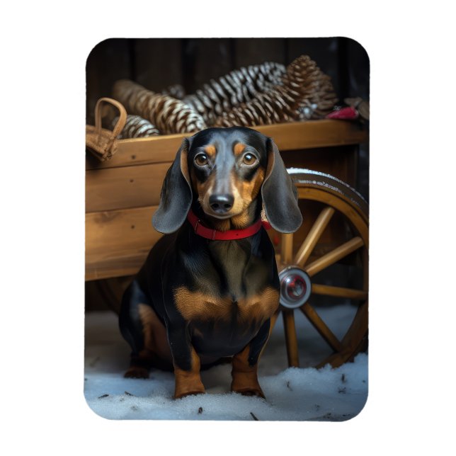 Imán Decoración de Navidad de trineo nevado Dachshund (Vertical)