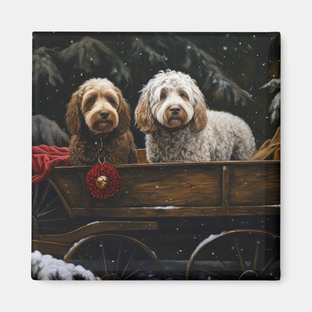 Imán Decoración de Navidades de Cockapoo Snowy Sleigh (Frente)