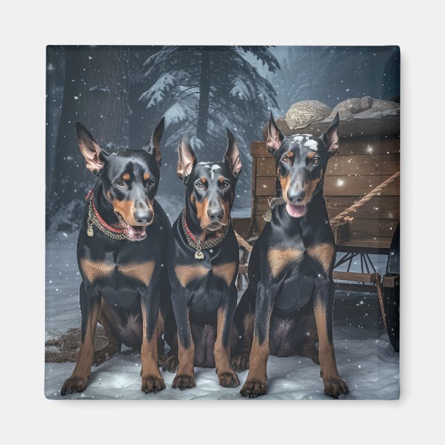 Imán Decoración de Navidades Doberman Snowy Sleigh (Frente)