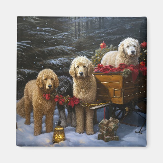 Imán Decoración de Navidades Goldendoodle Snowy Sleigh (Frente)