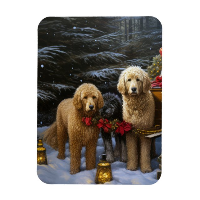 Imán Decoración de Navidades Goldendoodle Snowy Sleigh (Vertical)