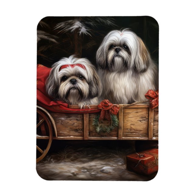 Imán Decoración de Navidades Lhasa Apso Snowy Sleigh (Vertical)