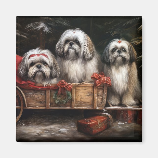 Imán Decoración de Navidades Lhasa Apso Snowy Sleigh (Frente)