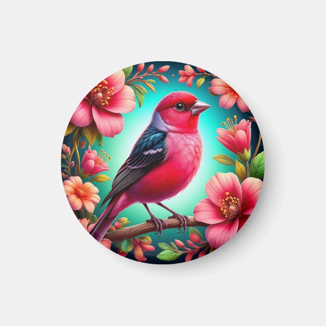 Imán Decoración de nevera de pájaro rosa y flores rosas (Frente)