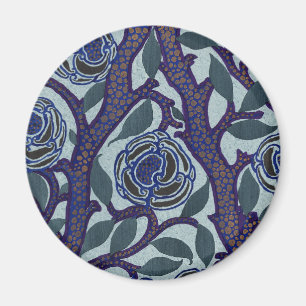 Imán Decoración floral de rosa Art Déco azul real y dor