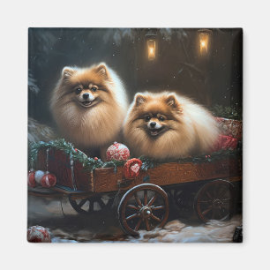 Imán Decoración navideña de trineo nevado con Pomerania