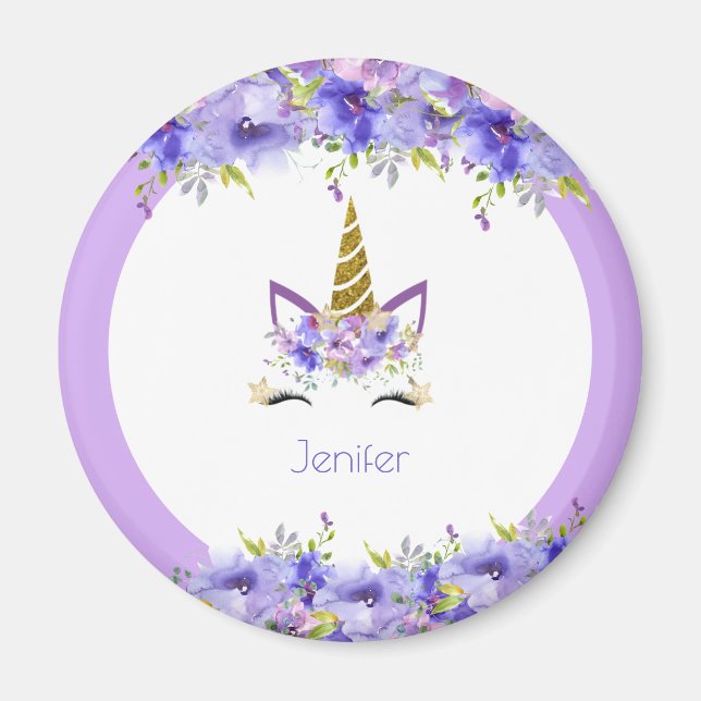 Imán Decoraciones de cumpleaños de Unicornio violeta fr (Frente)