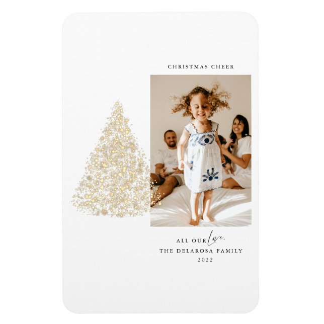 Imán del árbol de Navidad iluminado en oro con dos (Vertical)