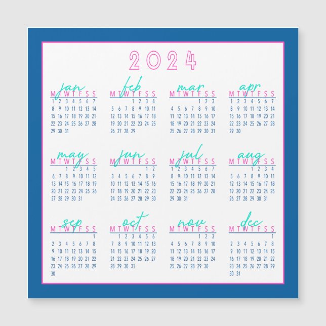 Imán del calendario de inicio de lunes 2024 azul y (Anverso)