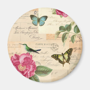Imán del vintage con los rosas y las mariposas
