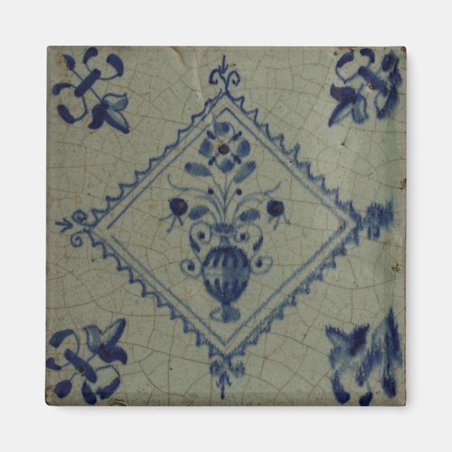 Imán Delft Blue Tile - Vase con flores y Bouquet Pi (Frente)