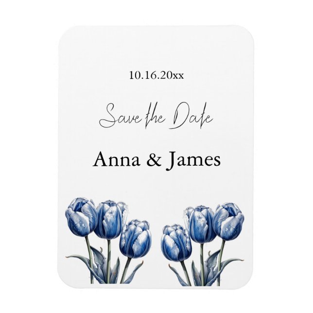 Imán Delft Blue Tulip, personalizado guardar la fecha (Vertical)