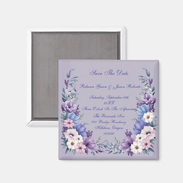 Imán Delicadas flores de verano azules, blancas, rosada (Anverso/Reverso)