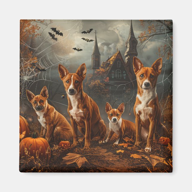 Imán Delicia Nocturna de Halloween para Perros Basenji (Frente)