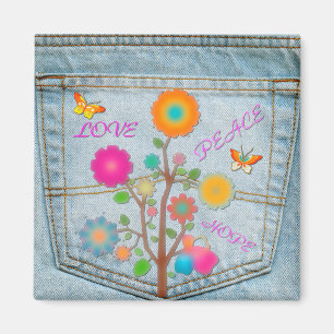 Imán Denim Back Pocket Flowers Peace Love Hope