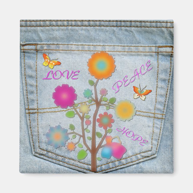 Imán Denim Back Pocket Flowers Peace Love Hope (Frente)