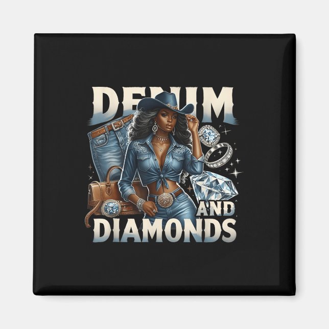 Imán Denim Y Diamantes Melanin Africano Chicas Vaqueras (Frente)