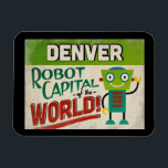 Imán Denver Colorado Robot - Gracioso Vintage<br><div class="desc">Un encantador imán de refrigerador para viajes vintage de Denver Colorado,  con un divertido y amigable robot,  junto con un divertido texto de estilo retro que dice: "Nos vemos en Denver"</div>