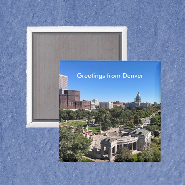 Imán Denver Skyline View with State Capitol Personalize (A magnet that says Greetings from Denver and features a photograph of Denver, Colorado)
