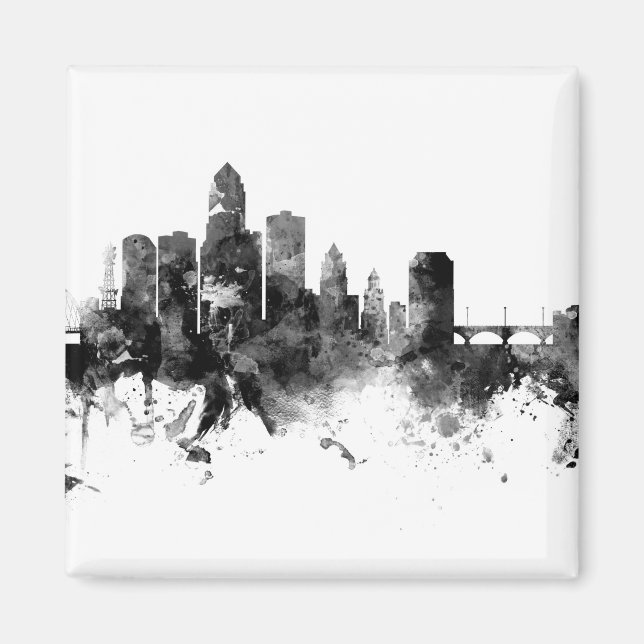 Imán Des Moines Iowa Skyline Black White (Frente)