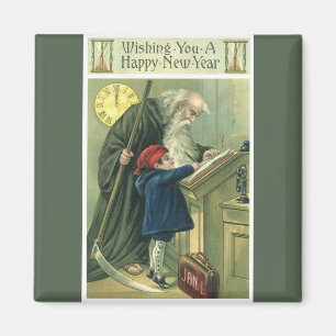 Imán Deseándole un Feliz Año Nuevo, Padre Tiempo Vintag