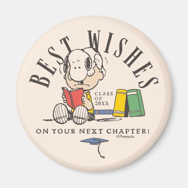 Imán Deseos de graduación de Peanuts Snoopy leyendo (Frente)