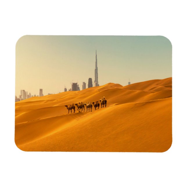Imán Desiertos | Vista aérea de Dubai con camellos (Horizontal)