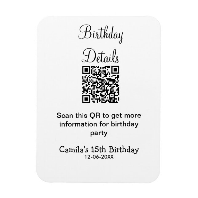 Imán detalles de fiesta de cumpleaños escaneados con QR (Vertical)