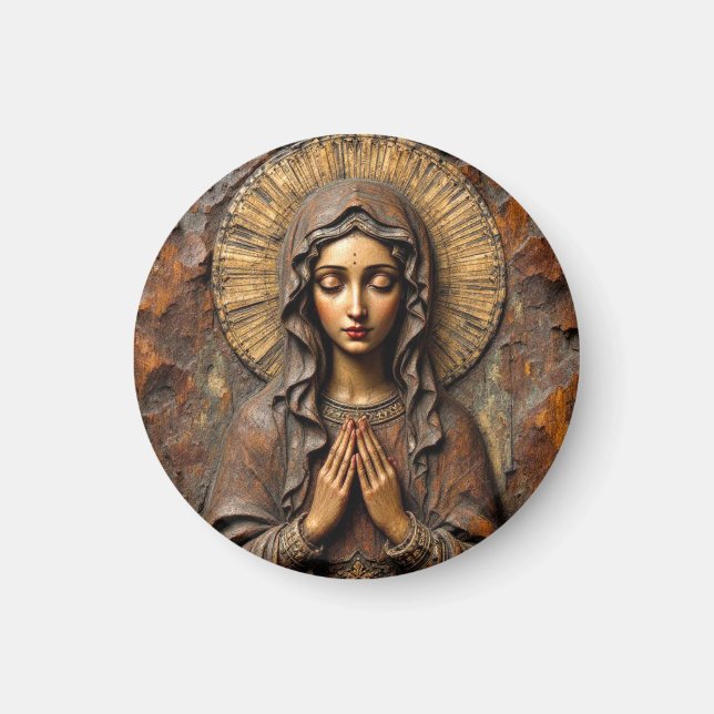 Imán Devoción Tallada María de Madera (Frente)