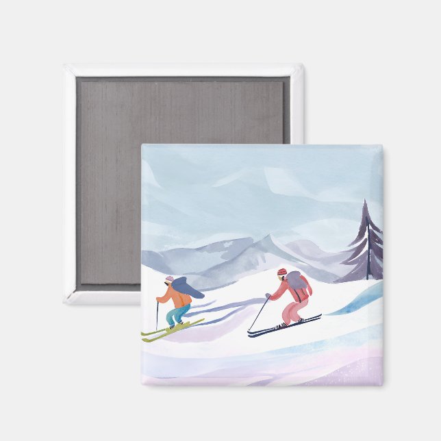 Imán Día de esquí | Tarjeta de montaña de invierno con  (Anverso/Reverso)