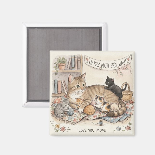 Imán Día de la Madre Gato y Gatitos (Anverso/Reverso)