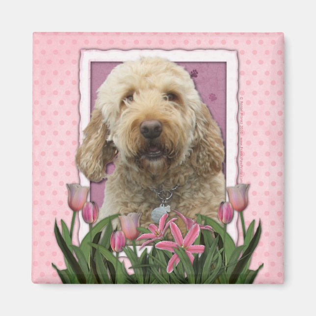 Imán Día de la Madre - Tulipanes rosados - Goldendoodle (Frente)