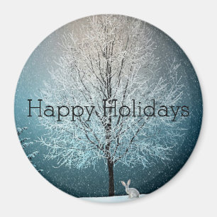 Imán Día de la Nieve, Árbol cubierto de nieve, conejito