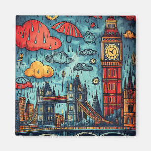 Imán Día de lluvias en Londres, Ilustracion de doodle c