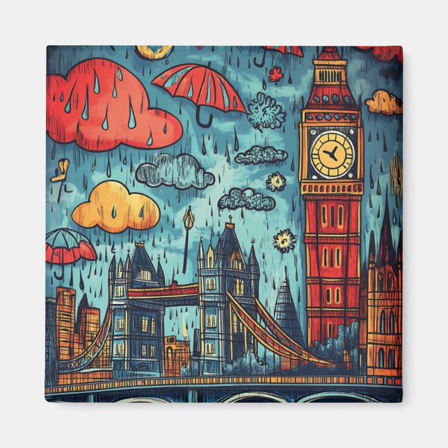 Imán Día de lluvias en Londres, Ilustracion de doodle c (Frente)